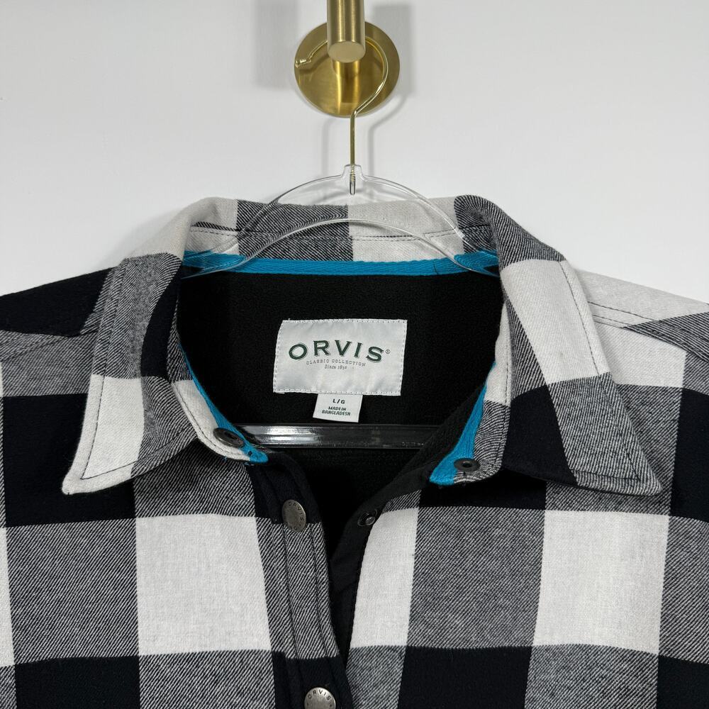 Orvis women's Sz L cotton fleece-lined flannel jacket B&W buffalo plaid pattern - Picture 5 of 13